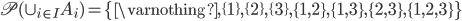 \mathscr{P}(\cup_{i \in I} A_i) = \{ \varnothing, \{1\}, \{2\}, \{3\}, \{1,2\}, \{1,3\}, \{2,3\}, \{1,2,3\}\}
